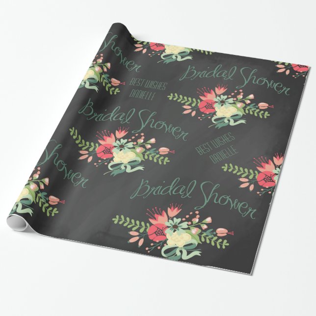 Chalkboard Bridal Shower Flowers Wrapping Paper (Unrolled)
