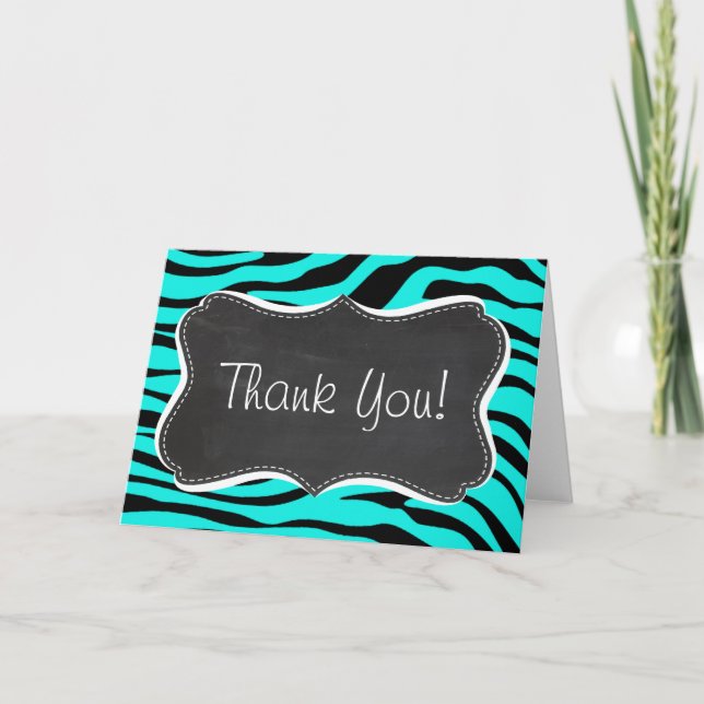 Chalkboard; Bright Turquoise Zebra Animal Print Thank You Card (Front)