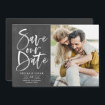 Chalkboard Brush Calligraphy Photo Save the Date Magnetic Invitation<br><div class="desc">Announce to family and friends your wedding date with this customisable save the date magnet. It features hand-lettered modern calligraphy. This stylish photo save the date announcement magnet is perfect for rustic and barn weddings. Personalise by adding your own photo and details.</div>