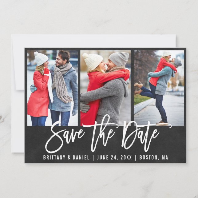 Chalkboard Brush Script 3 Photo Save The Date Invitation (Front)