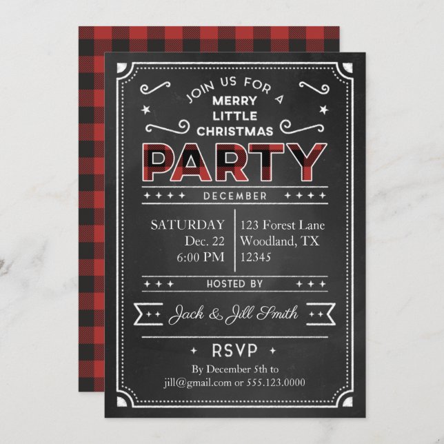 Chalkboard & Buffalo Plaid Christmas Party Invite (Front/Back)