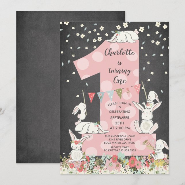 Chalkboard Bunny Big One Girls Birthday Invitation (Front/Back)
