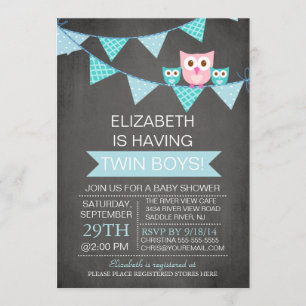 Chalkboard Bunting Owl TWIN BoyS Baby Shower Invitation