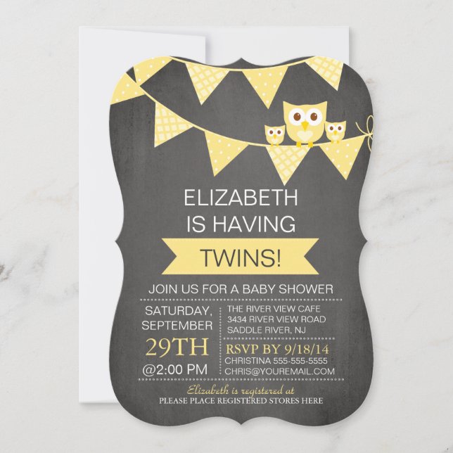 Chalkboard Bunting Owl TWINS NEUTRAL Baby Shower Invitation (Front)