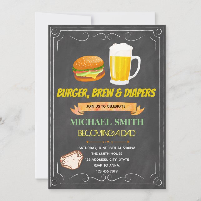 Chalkboard burger beer diaper invitation (Front)