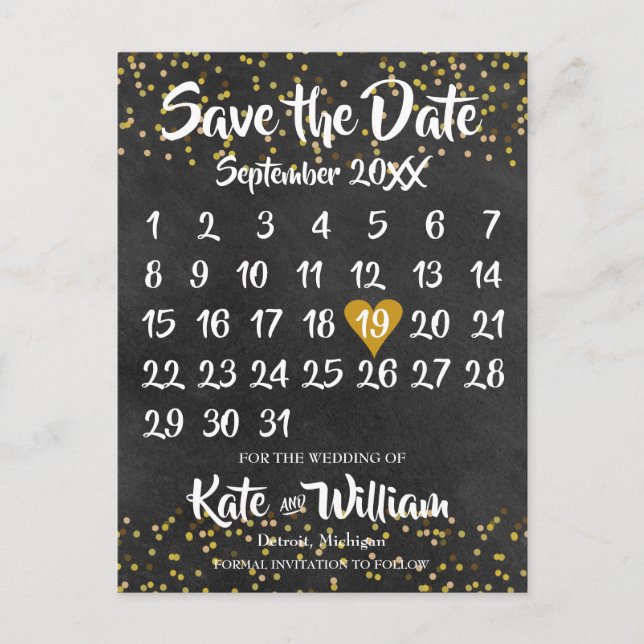 Chalkboard Calendar Save the Date Photo Gold Dust Announcement Postcard (Front)