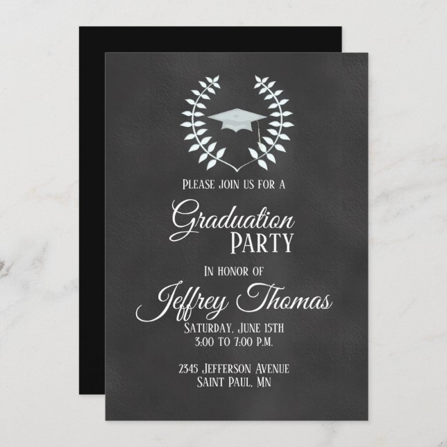 Chalkboard Cap & Leaves Grad Invitation 5" x 7" (Front/Back)