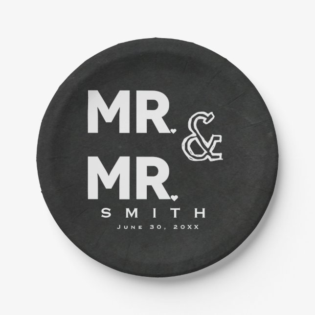 Chalkboard Chalk MR. & MR. Gay Wedding Engagement Paper Plate (Front)