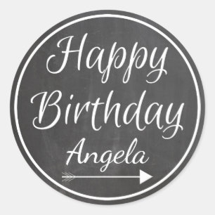Chalkboard Chalked White Frame Happy Birthday Name Classic Round Sticker