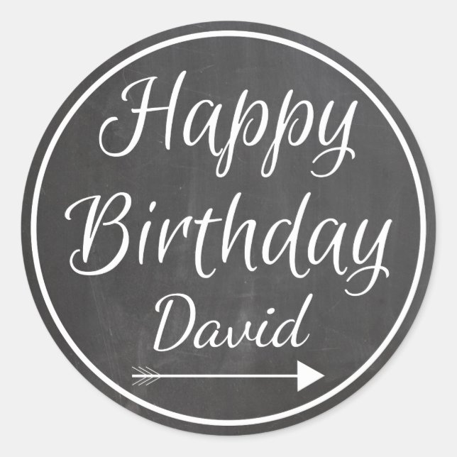 Chalkboard Chalked White Frame Happy Birthday Name Classic Round Sticker (Front)