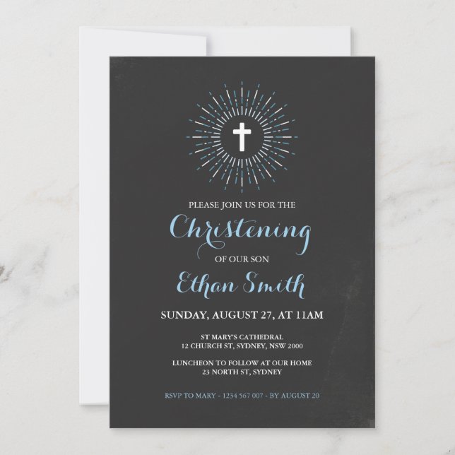 Chalkboard Christening / Baptism Invitation - Blue (Front)