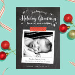 Chalkboard Christmas Baby Announcement<br><div class="desc">A perfect choice for new parents, this holiday card sends Christmas greetings while showcasing your sweet new addition in modern rustic style featuring a chalkboard background and style photo frame accented with red polka dot washi tape. Personalise the front with baby's birth details and the back with a family photo...</div>