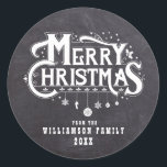 Chalkboard Christmas Black White Personalised Classic Round Sticker<br><div class="desc">Black chalkboard background and vintage Merry Christmas text is surrounded by holly and snowflakes. A row of ornaments hangs from Christmas. The ornaments are shaped as a snowflake, candy cane and traditional ornaments. Your family name and the year is placed below. Country or vintage theme wrapping and Christmas card mailings....</div>