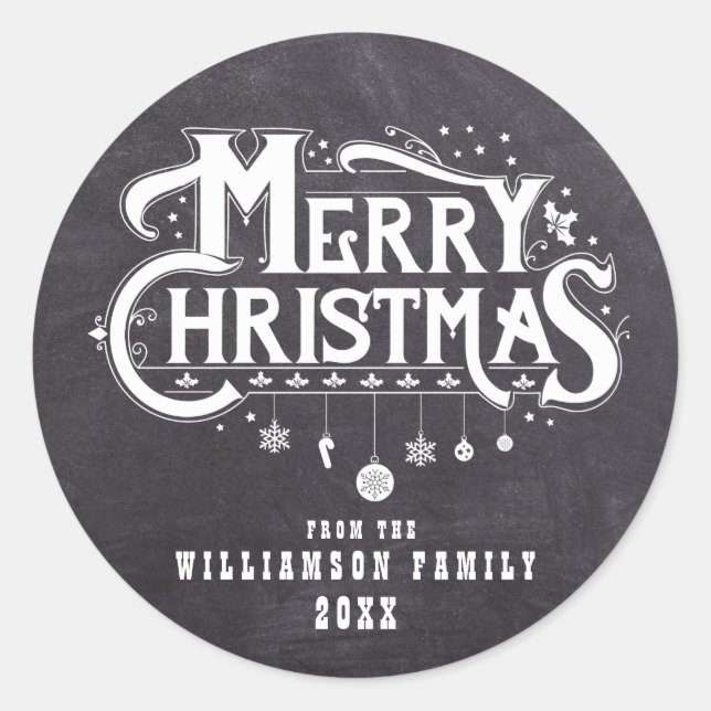 Chalkboard Christmas Black White Personalised Classic Round Sticker (Front)