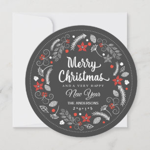 CHALKBOARD CHRISTMAS FLORAL WREATH HOLIDAY PHOTO CARD
