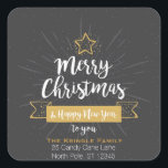 Chalkboard Christmas Happy New Year Family Address Square Sticker<br><div class="desc">Custom Christmas holiday return address stickers- Faux vintage chalkboard grey background. Centred is a whimsical Christmas typography design forming a Christmas tree shape in white lettering with a gold outline star at top and gold colour banner. Reads 'Merry Christmas & Happy New Year to you' in white script letters. Printed...</div>