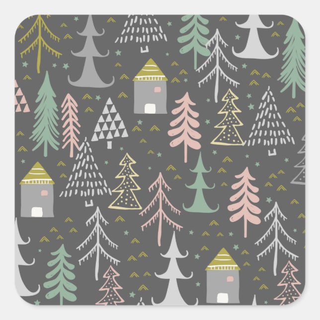 Chalkboard Christmas Trees and Houses Pink Yellow Square Sticker (Front)