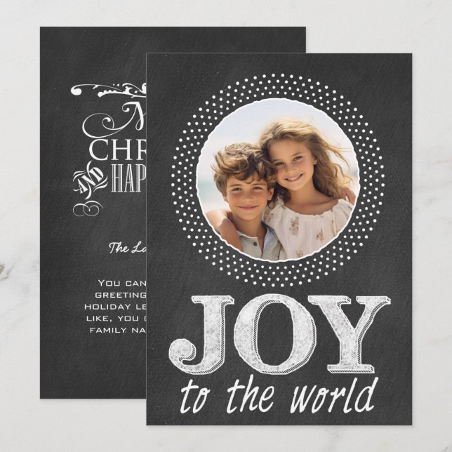Chalkboard Christmas typography Photo Joy World Holiday Card (Front/Back)