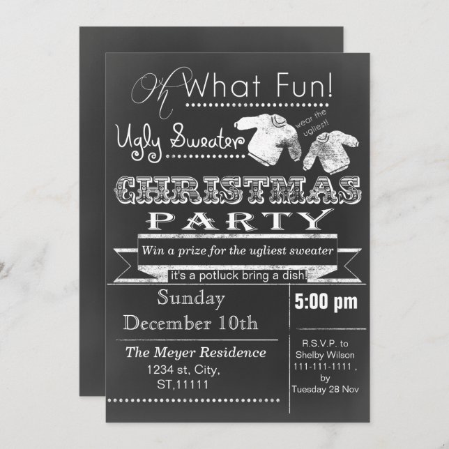 Chalkboard Christmas Ugly sweater Party Invitation (Front/Back)