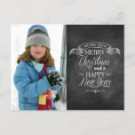 Chalkboard Christmas Wishes Holiday Postcard<br><div class="desc">Holiday greetings are displayed on this unique chalkboard style Christmas and New Year's postcard. Typography meant to look like chalk on a blackboard is arranged underneath a banner to send your best. Just add your own photograph to the left. Customise with your own name(s) or message on the reverse or...</div>