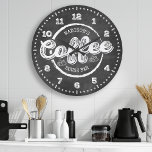 Chalkboard Coffee House Monogram Custom Large Clock<br><div class="desc">Bring a touch of rustic charm to your kitchen or coffee bar with this custom large clock, designed in a classic chalkboard style. Featuring a monogram and personalized name option, this clock is perfect for coffee enthusiasts and makes a stylish addition to any coffee house, home bar, or café setting....</div>