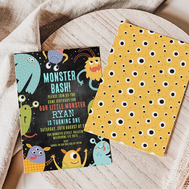Chalkboard Colorful Monsters 1st Birthday Invitation (Chalkboard Monster 1st Birthday Invitation, Monster Invitation, Monster Party, Our Little Monster)