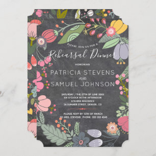 Chalkboard colourful blooms wreath rehearsal dinne invitation