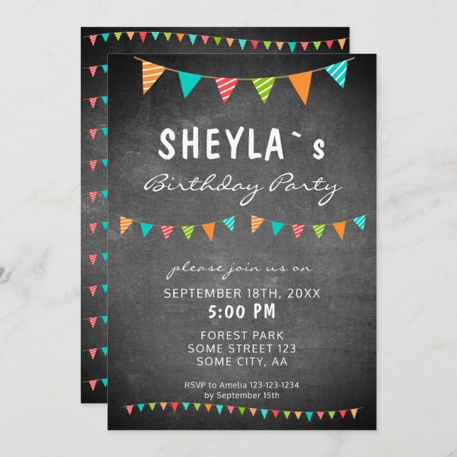 Chalkboard Colourful Bunting Flags Birthday Party Invitation (Front/Back)