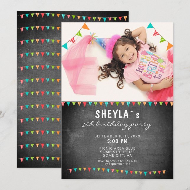 Chalkboard Colourful Bunting Flags Birthday Photo Invitation (Front/Back)