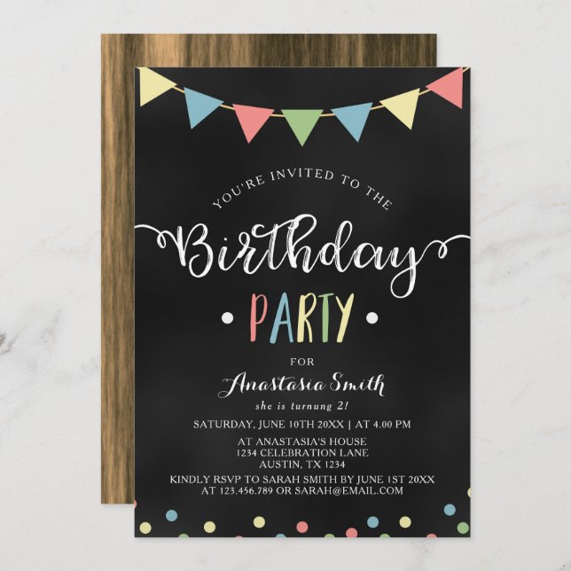 Chalkboard Colourful Bunting Flags Kids Birthday Invitation (Front/Back)