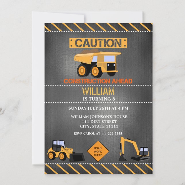 Chalkboard Construction Birthday Invitation (Front)