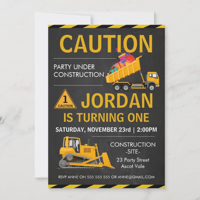 Chalkboard Construction Birthday Party RSVP Invitation (Front)