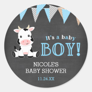 Chalkboard Cow Boy Baby Shower Classic Round Sticker