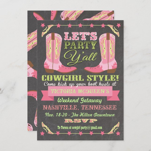 Chalkboard Cowgirl Bachelorette Weekend Getaway Invitation (Front/Back)