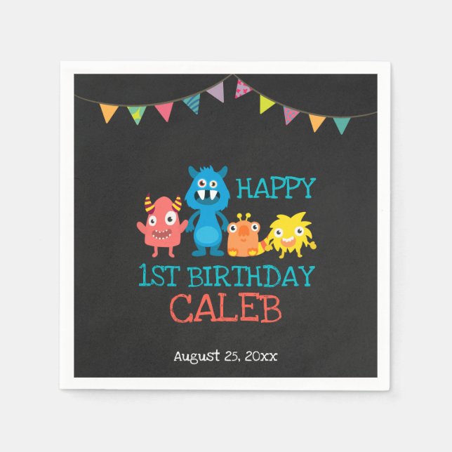 Chalkboard cute Monsters First Birthday Boys Party Napkin (Front)