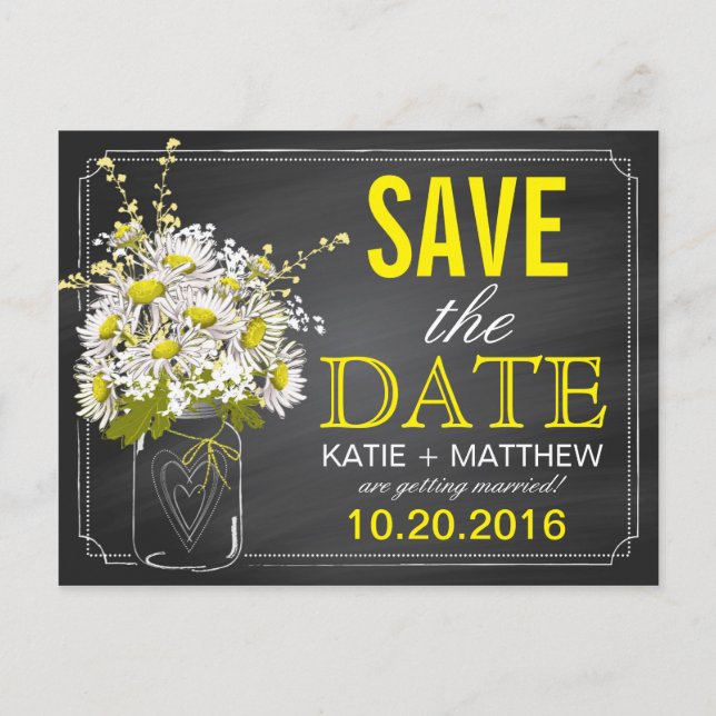 Chalkboard Daisy Modern Rustic Save the Date Announcement Postcard (Front)