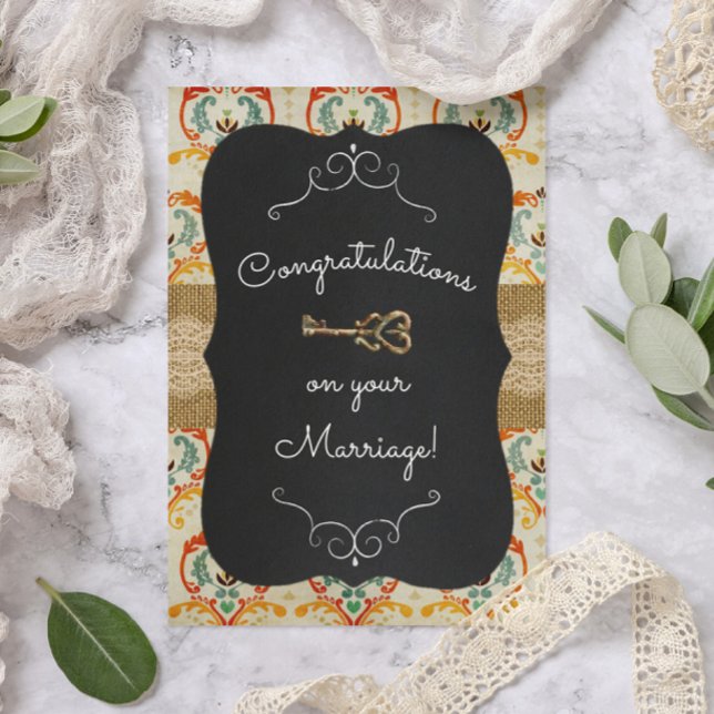 Chalkboard Damask Lock & Key Wedding Greeting Card (Creator Uploaded)