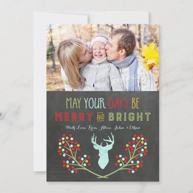 Chalkboard Deer Antlers Floral Christmas Cards (Front)