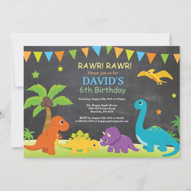 Chalkboard Dinosaur Birthday Invitation Dino Party (Front)