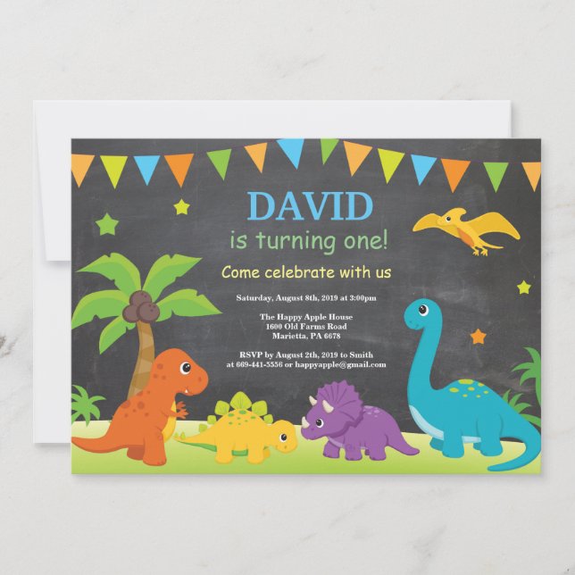 Chalkboard Dinosaur Birthday Invitation Dino Party (Front)