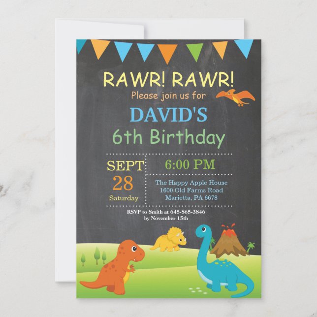 Chalkboard Dinosaur Birthday Invitation Dino Party (Front)
