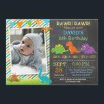 Chalkboard Dinosaur Birthday Invitation Dino Party<br><div class="desc">Chalkboard Dinosaur Birthday Invitation with custom photo. Dino Birthday Party Invite. Boy Birthday. Kids Birthday.1st First Birthday. 1st 2nd 3rd 4th 5th 6th 7th 8th 9th 10th 11th 12th 13th 14th 15th, Any Age. Chalkboard Orange Green Blue Yellow Stripes Background. Printable Digital. For further customisation, please click the "Customise it"...</div>