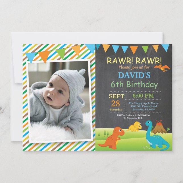 Chalkboard Dinosaur Birthday Invitation Dino Party (Front)