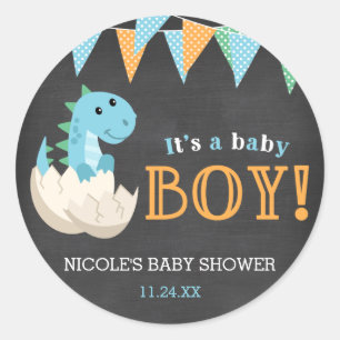 Chalkboard Dinosaur Boy Baby Shower Classic Round Sticker