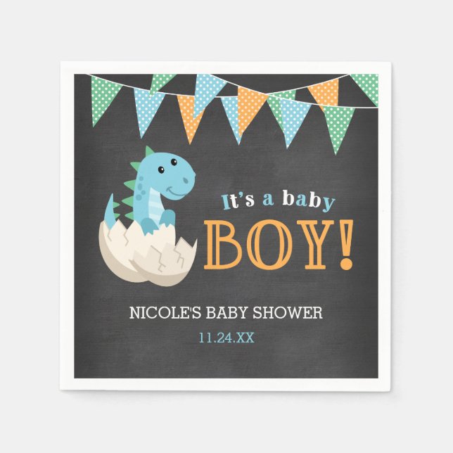 Chalkboard Dinosaur Boy Baby Shower Napkin (Front)