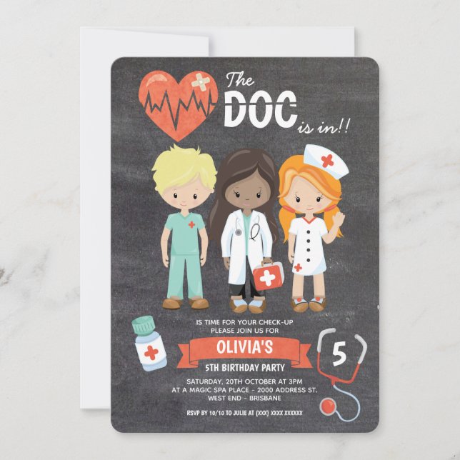 Chalkboard Doc Is In Doctor Birthday Invitation (Front)