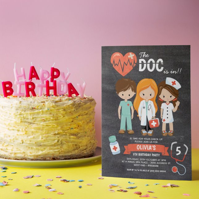 Chalkboard Doc Is In Doctor Birthday Invitation ( Grab yourself a dose of absolute cuteness with our fun doctor themed birthday invitation. )