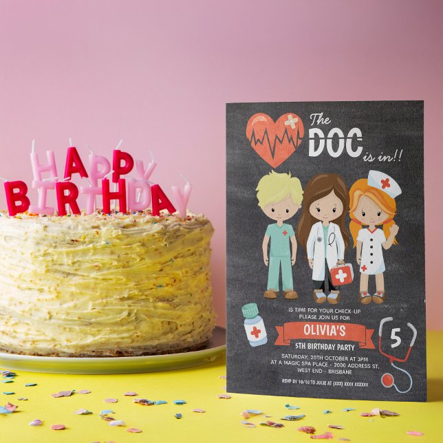 Chalkboard Doc Is In Doctor Birthday Invitation (Grab yourself a dose of absolute cuteness with our fun doctor themed birthday invitation. )