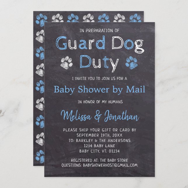 Chalkboard Dog Blue Boy Baby Shower By Mail Invitation (Front/Back)
