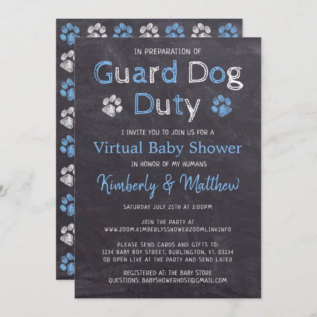 Chalkboard Dog Blue Boy Virtual Baby Shower Invitation (Front/Back)